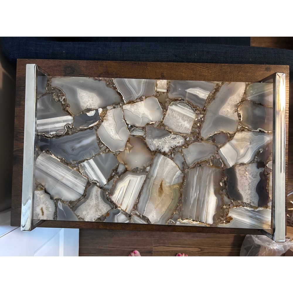 Natural Agate Slice Mosaic Decorative Tray with Silver Metal Handles Grey White